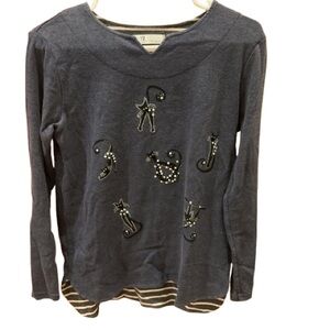 Korean Women Crew Neck Sparkling SIX CATS Sweater | Gray | Inner Stripes Lining